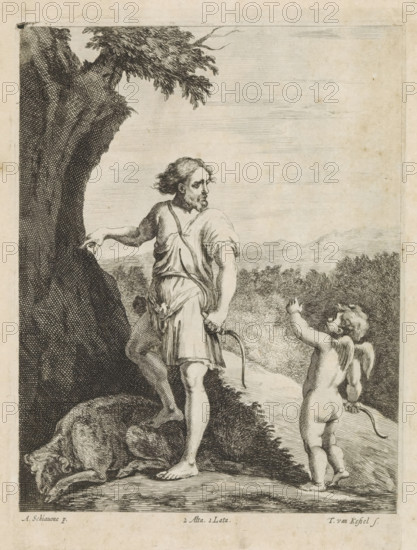 Apollo and Cupid, print, album page, Apollo stands with one foot on a sheep. He points in the