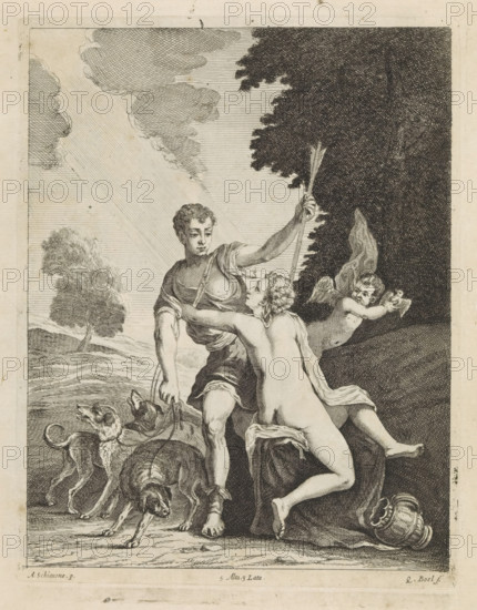 Venus tries to prevent Adonis from going hunting, print, album page, Adonis is ready to go hunting.