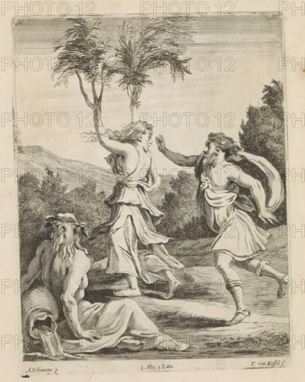 Apollo and Daphne, print, album page, Apollo pursues the nymph Daphne because he is in love with