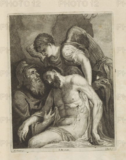Lamentation of Christ, print, album page, An angel supports the body of Christ. On the left