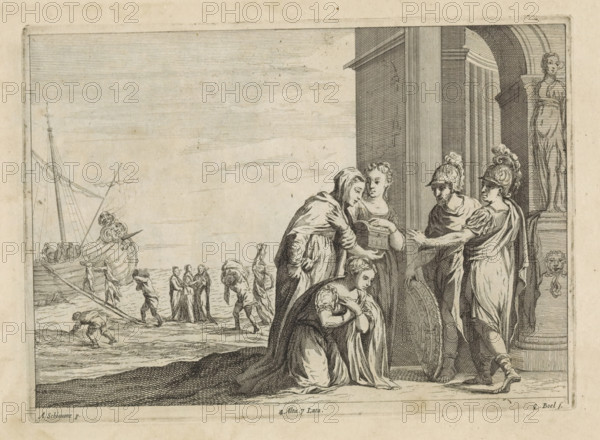 Departure of Aeneas, print, album page, Anna, Dido's sister, begs Aeneas not to go. Two women hold