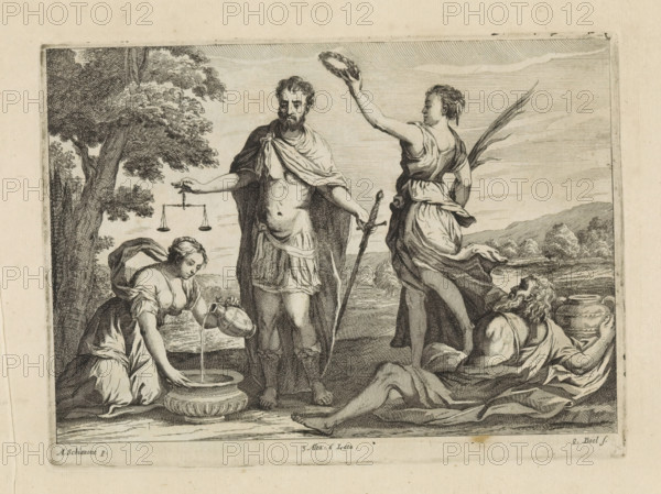 Man with sword and scales, possibly Scipio Africanus Major, print, album page. On the left, the