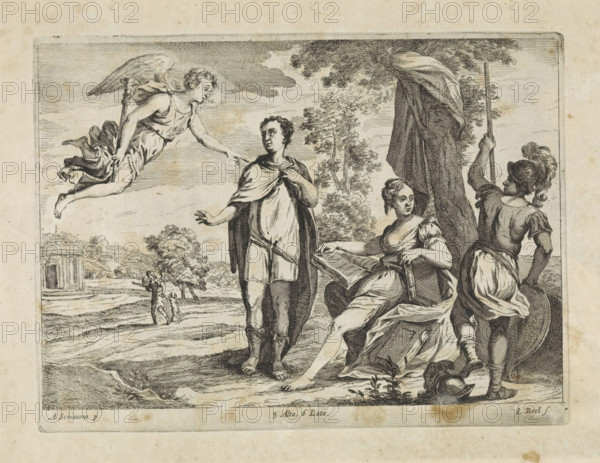Aeneas is called away from Dido, print, album page, Dido sits among some books under a tree. Next