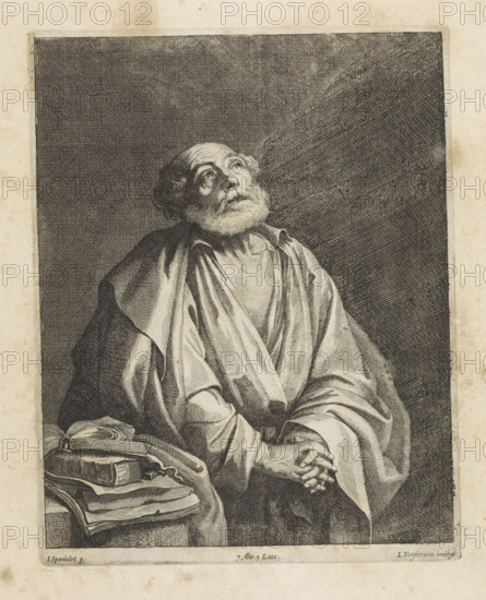 St. Peter in prayer, print, album page, Next to him books on a table. This print is part of an