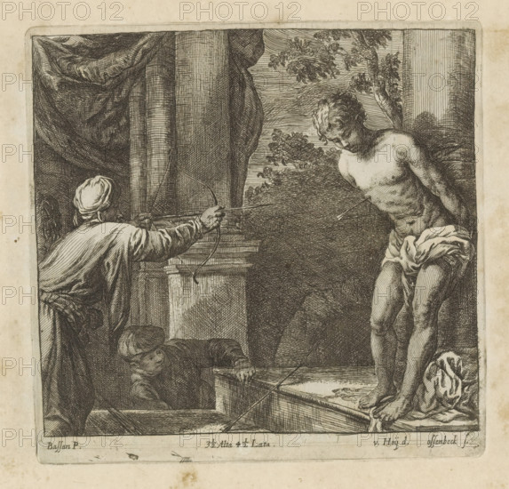 Martyrdom of St. Sebastian, print, album page, St. Sebastian stands tied to a pillar. He is being