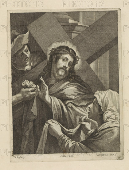 The Carrying of the Cross by Christ with Veronica, print, album page, On the left possibly Simon of