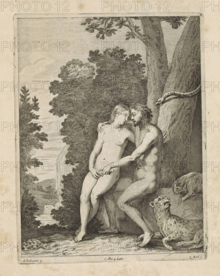 Temptation of Adam and Eve, print, album page, Adam embraces Eve and takes the apple. The serpent