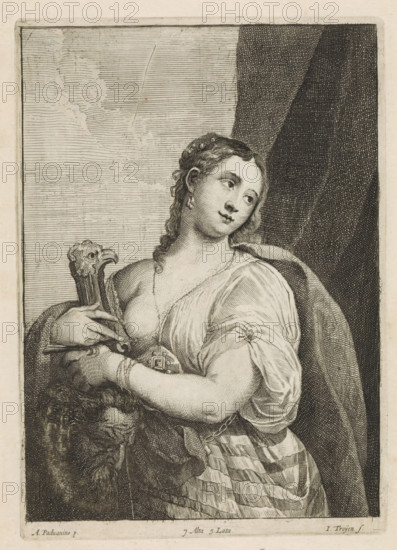 Judid with the Head of Holofernes, print, album page, In her hands also the sword with which she