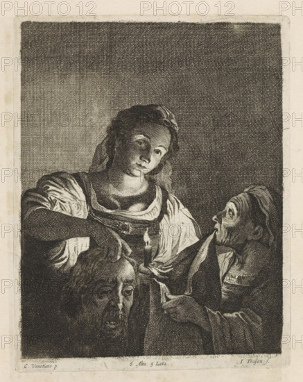 Judid with the Head of Holofernes, print, album page, Next to Judith stands the maid about to put