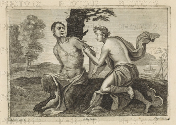 Apollo flays Marsyas, print, album page, After the music contest, Apollo tied Marsyas to a tree and
