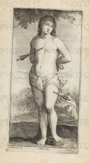 Martyrdom of St. Sebastian, print, album page, St. Sebastian stands tied to a tree. His body is