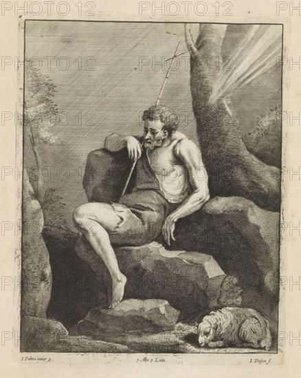 St. John the Baptist on a rock, print, album page, In his hand the reed cross. Beside him the lamb.