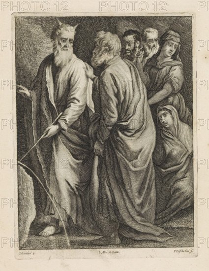 Moses strikes water from the rock, print, album page, Moses strikes water from a rock with his