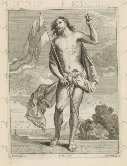 Risen Christ, print, album page, Christ stands with a banner in his hand and looks upwards. With