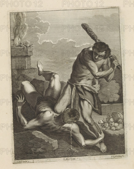 Cain beats Abel to death, print, album page, Cain attacks his brother with a club. He presses the