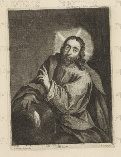 Christ as Salvator Mundi, print, album page, Christ as Savior of the World. His right hand rests on