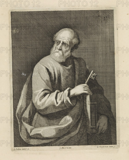 St. Peter, print, album page, The apostle Peter holds a book and a key. This print is part of an