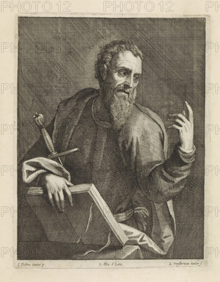 H. Paulus, print, album page, The Apostle Paul with an open book and a sword. This print is part of
