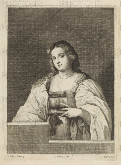 Portrait of an unknown woman, print, album page, She stands behind a low wall. This print is part