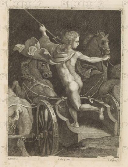 Pluto in his chariot, print, album page, Pluto stands in his chariot, which is drawn by four horses