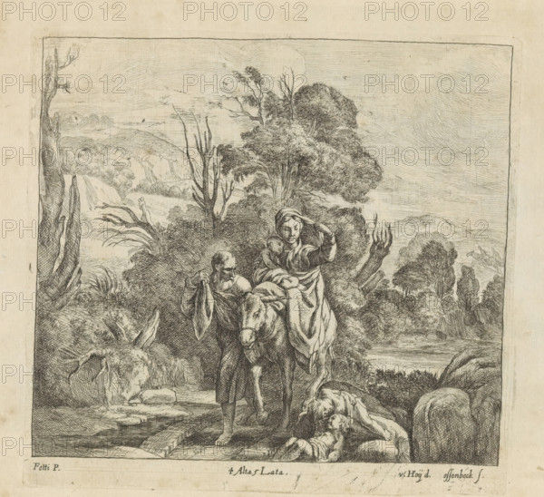 Flight into Egypt, print, album page, Joseph leads the donkey with Mary and the Christ Child
