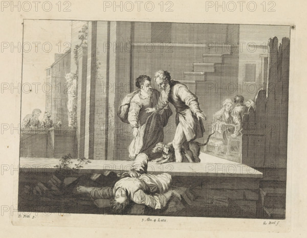 Tobias shows Tobit the murdered Israelite, print, album page, Tobias has taken his father Tobit
