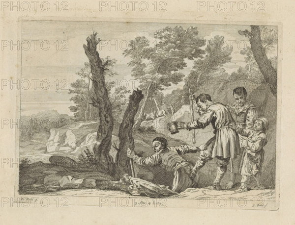 The blind leading the blind, print, album page, Parable of the Blind. A line of blind beggars walks