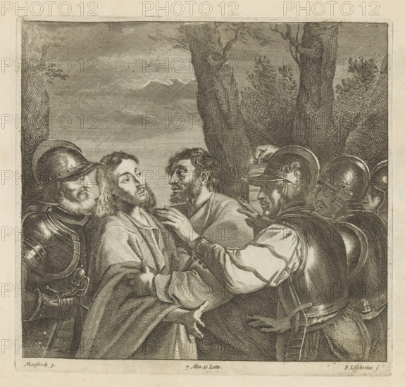 The Capture of Christ, print, album page, Judas embraces Christ to make it clear to the soldiers