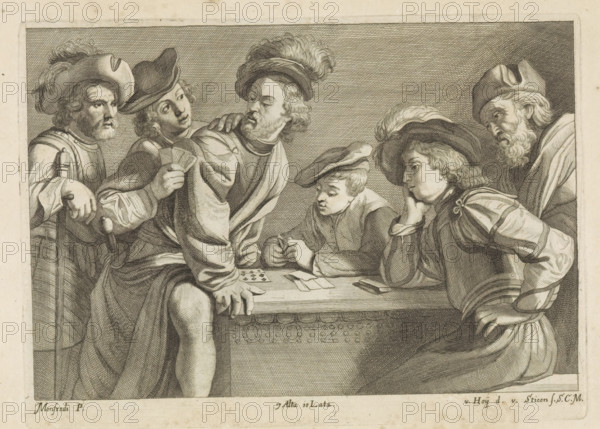 Card players, print, album page, Six card players around a table. This print is part of an album.,