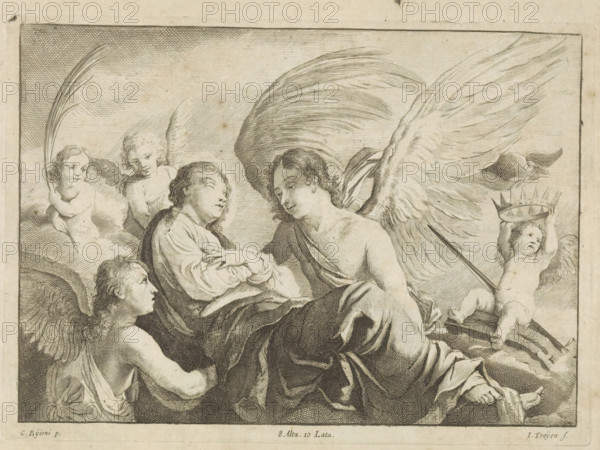 Ascension of St. Catherine of Alexandria, print, album page, The body of St. Catherine is supported