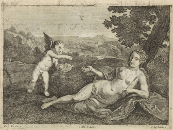 Amor brings Venus a basket of flowers, print, album page, Venus lies under a tree in a rolling