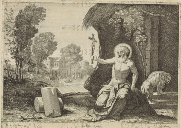 St. Jerome, print, album page, St. Jerome sits on a stone and holds up a crucifix. In front of him