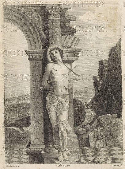 Martyrdom of St. Sebastian, print, album page, Saint Sebastian is tied to the pillar of a