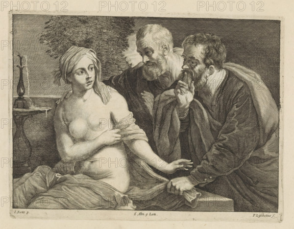 Susanna and the Elders, print, album page, Susanna bathes in the garden. Two elders try to seduce