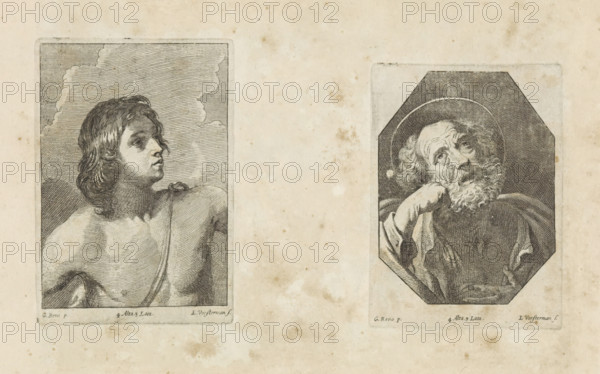 Penitent Peter, print, album page, Bust of St. Peter with a hand under his head. In an octagonal