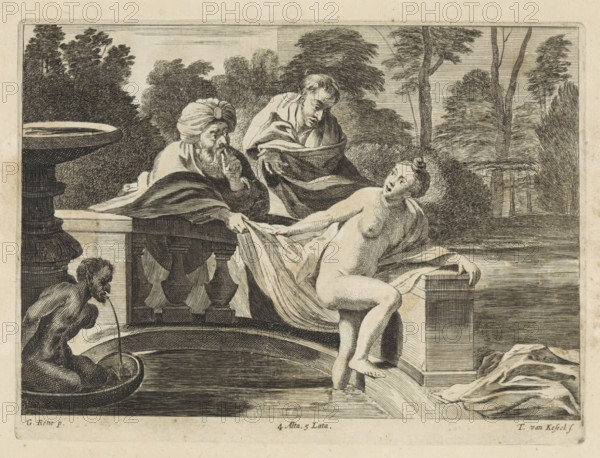 Susanna and the Elders, print, album page, Susanna bathes in a fountain in her garden. One of the