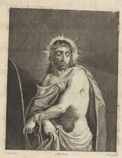 Ecce Homo, print, album page, Christ after the scourging and mockery. His hands are bound. He wears