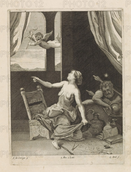 Amor with a sorceress and a sleeping soldier, print, album page, A half-naked sorceress with