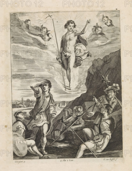 Resurrection of Christ, print, album page, Christ with banner rises and is surrounded by angels.