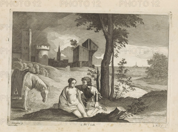 Woman and a soldier in a landscape, print, album page, A man with a dagger kneels beside a naked