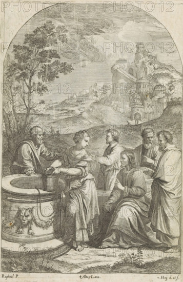 Christ and the Samaritan woman, print, album page, Christ, seated and with raised finger, asks the