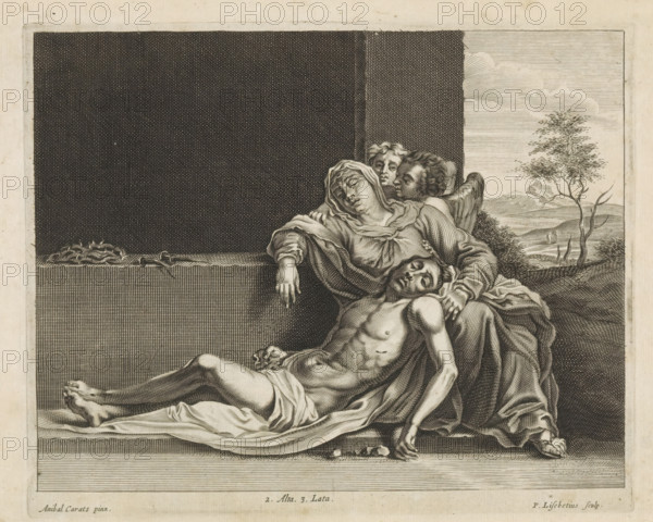 Lamentation of Christ (Pieta), print, album page, The grieving Mary leans with two angels on a