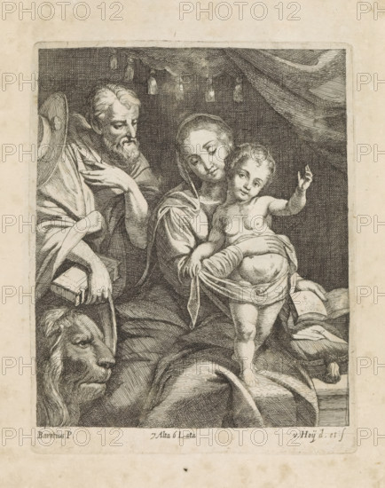 Mary with the Christ Child beside St. Jerome, print, album page, Mary shows an open book. This