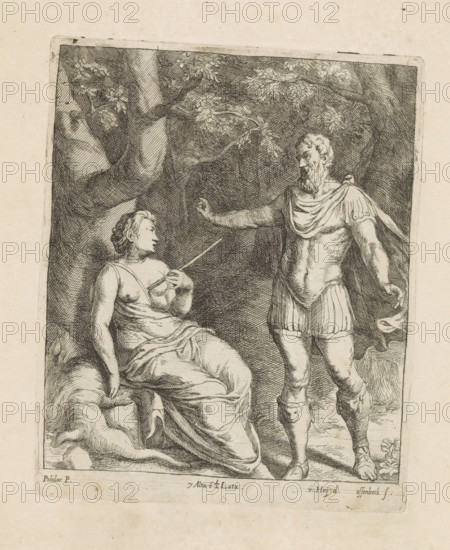 Cephalus and Procris, print, album page, Procris is slumped under a tree. She has been struck by an