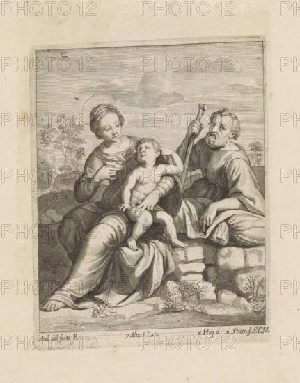 Holy Family in a landscape, print, album page, Christ stands by Mary. Joseph leans on a sack on a