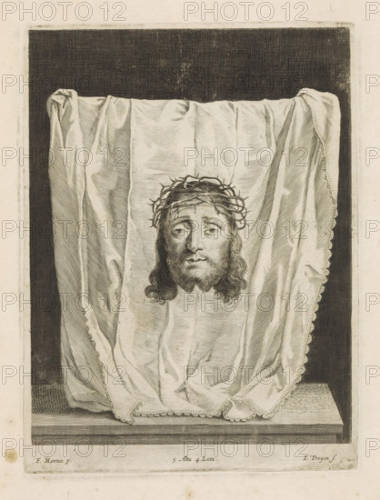 Veronica cloth (sudarium), print, album page, Sudarium with an image of the face of Christ. This