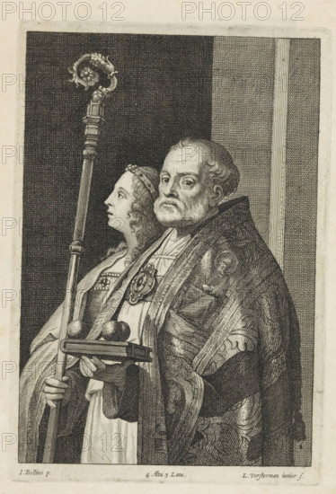 St. Nicholas of Myra and a female saint, print, album page, Saint Nicholas wears a bishop's robe.
