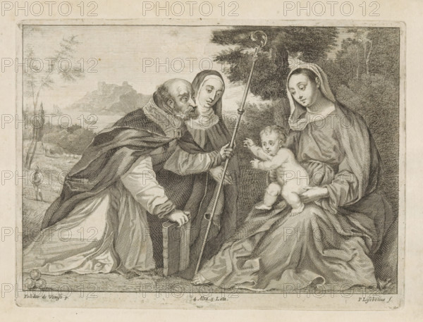St. Nicholas of Myra kneels before Mary and the Christ Child, print, album page. In his hands a