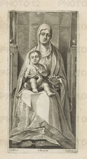 Seated Mary with Christ Child (Sedes sapientiae), print, album page, Mary is seated on a throne. An