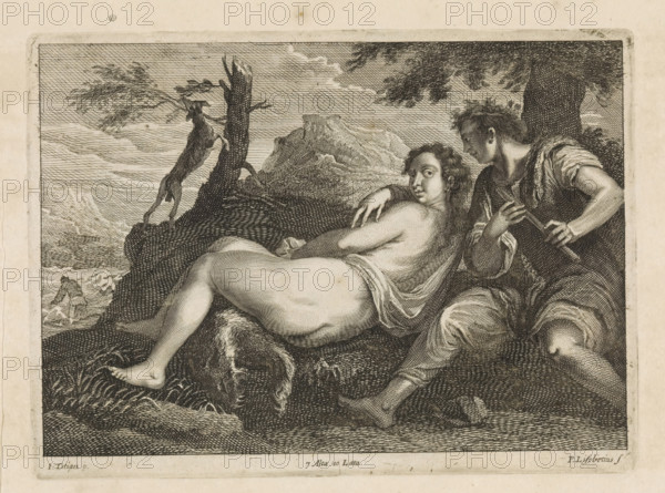 Shepherd by a nymph, print, album page, A naked nymph lies on an animal skin in a landscape. Beside